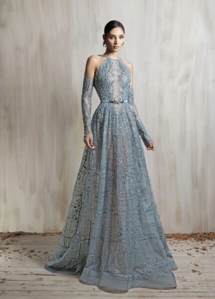 Ziad Nakad High-neck Sheer Aqua Gown