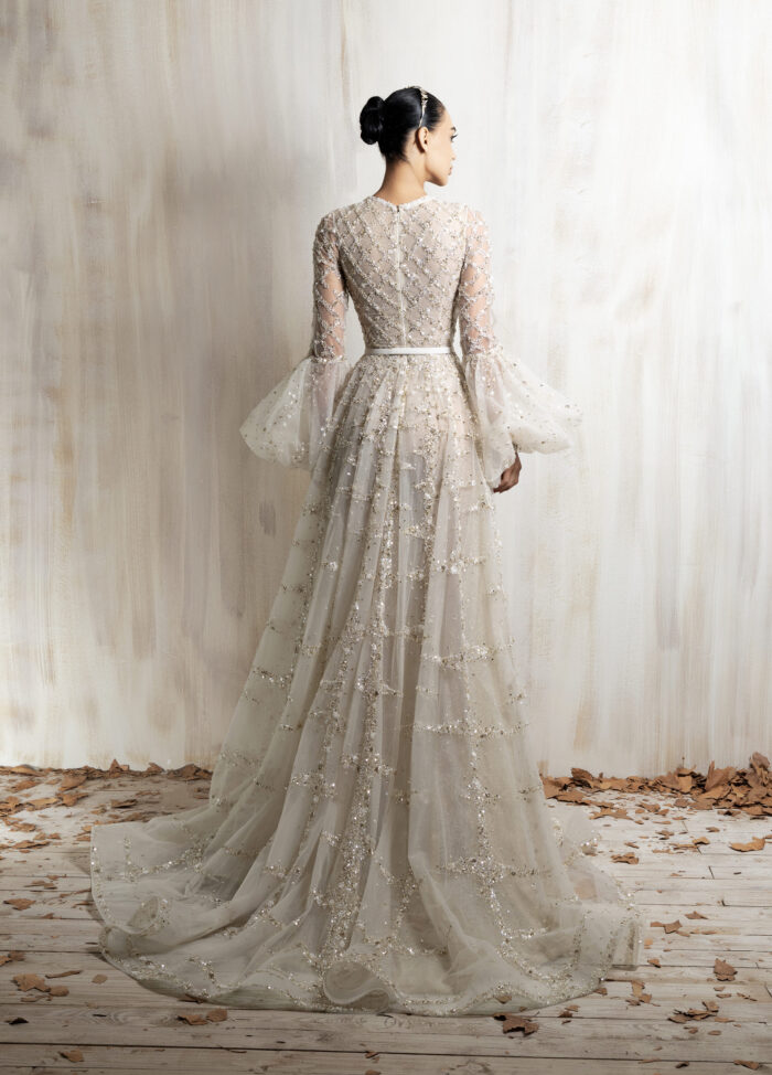 Ziad Nakad Ivory Beaded Long Sleeve Gown