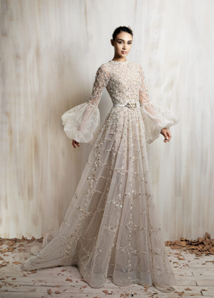 Ziad Nakad Ivory Beaded Long Sleeve Gown
