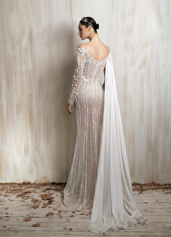 Ziad Nakad Ivory Sheer Fitted Gown