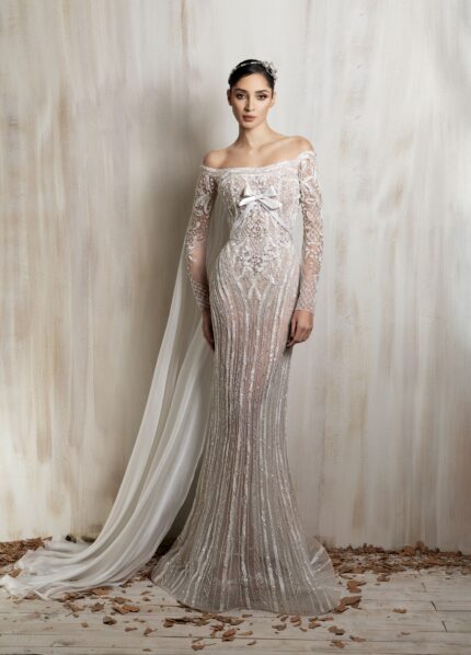 Ziad Nakad Ivory Sheer Fitted Gown