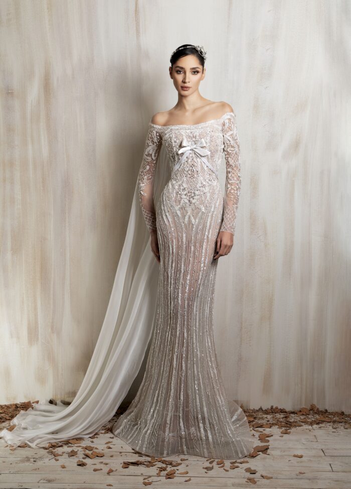 Ziad Nakad Ivory Sheer Fitted Gown Ziad Nakad Ivory Sheer Fitted Gown