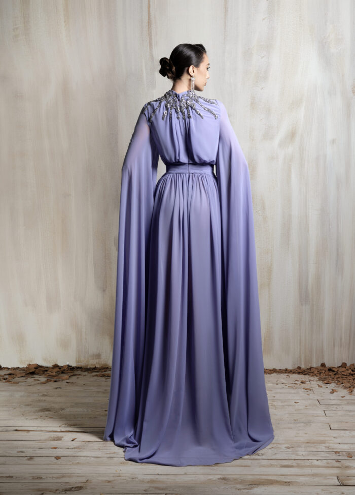 Ziad Nakad Lavender Crystal Neckline Cape Gown