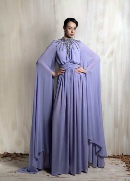 Ziad Nakad Lavender Crystal Neckline Cape Gown