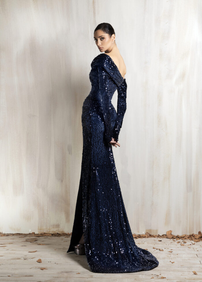 Ziad Nakad Navy Sequined Off-shoulder Mermaid Gown
