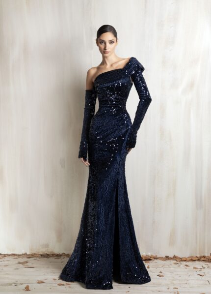 Ziad Nakad Navy Sequined Off-shoulder Mermaid Gown