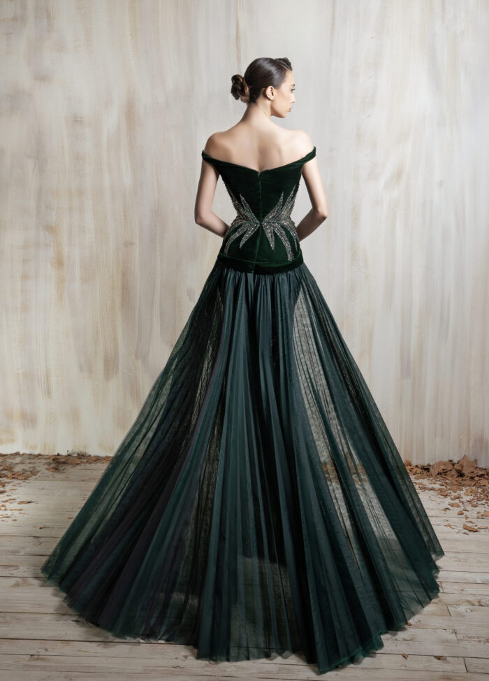 Ziad Nakad Off-shoulder Deep Emerald Gown