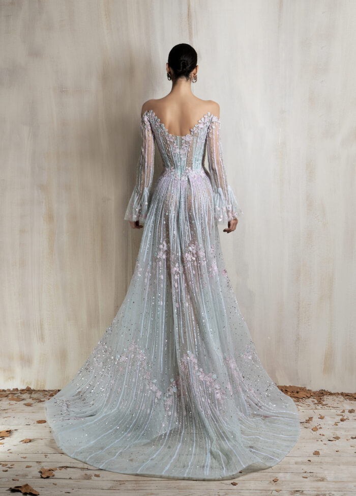 Ziad Nakad Off-shoulder Pastel Aqua And Pink Gown