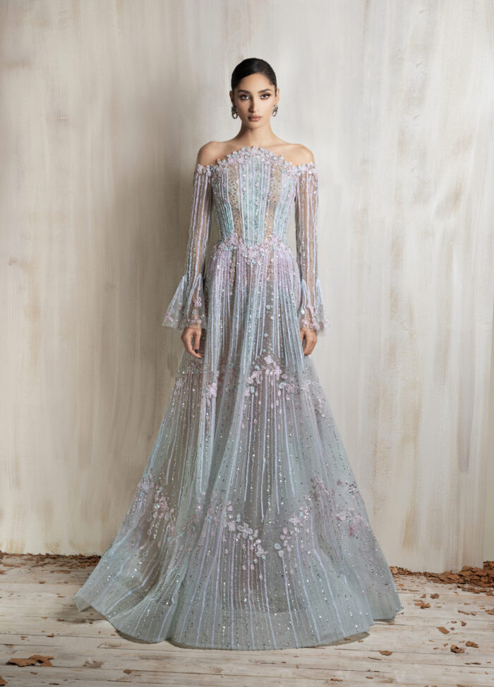 Ziad Nakad Off-shoulder Pastel Aqua And Pink Gown