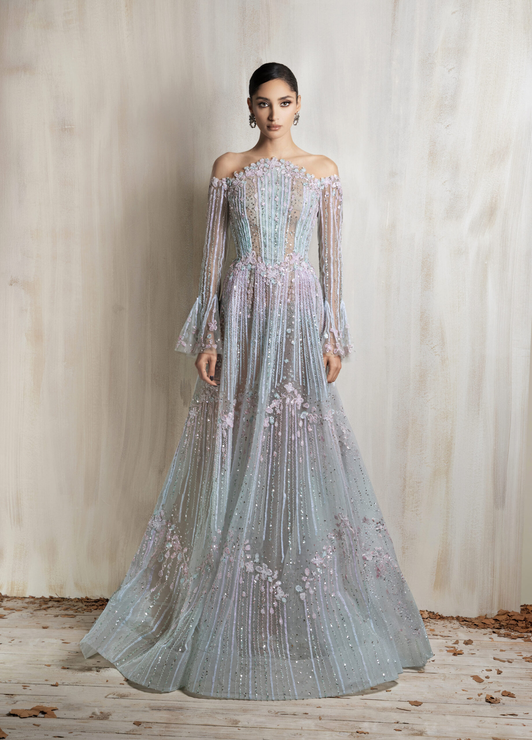 Ziad Nakad Off-shoulder Pastel Aqua And Pink Gown