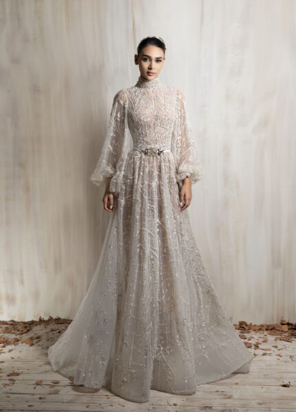 Ziad Nakad Off-white High-neck Beaded Gown