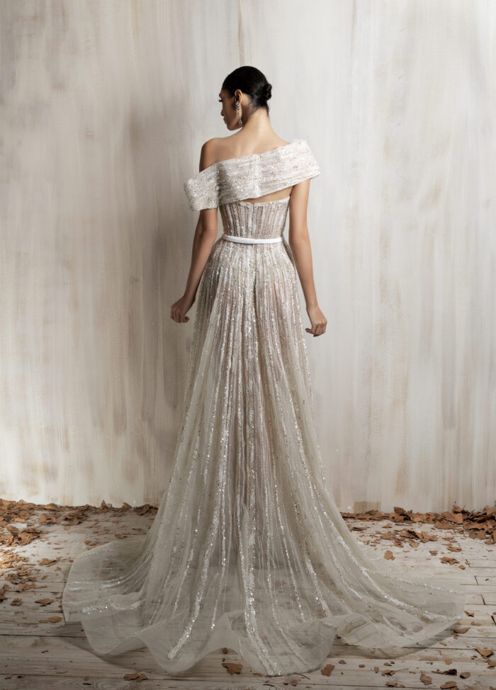 Ziad Nakad Off-white One-shoulder Beaded Gown