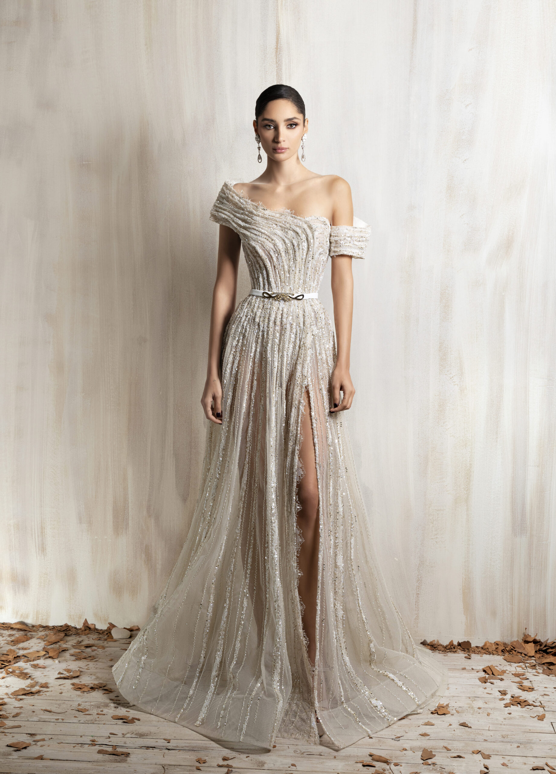 Ziad Nakad Off-white One-shoulder Beaded Gown