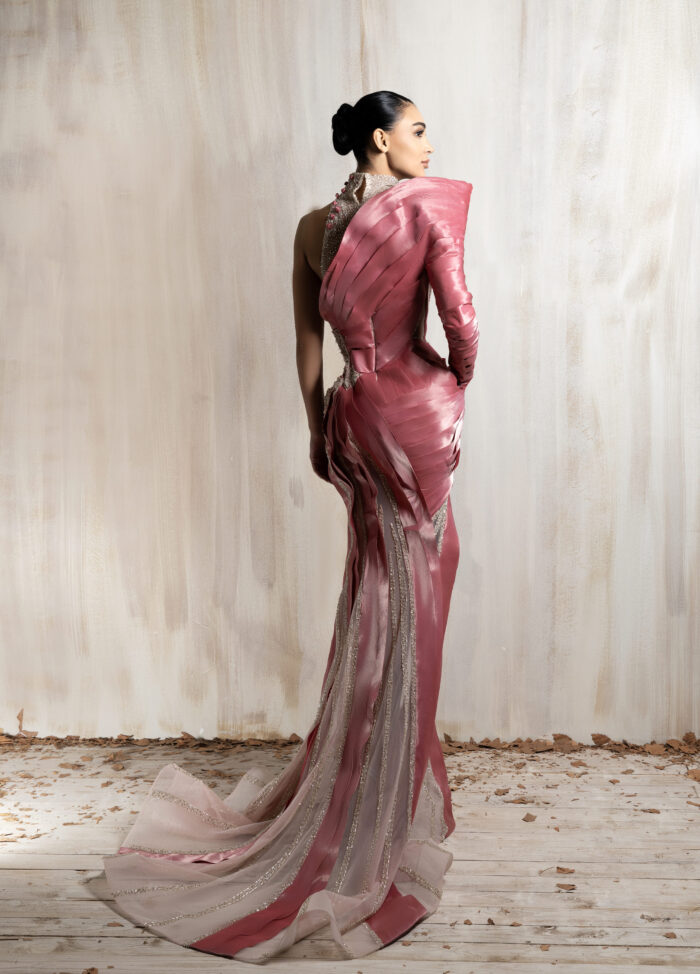 Ziad Nakad Rose Pink Sculpted Satin Gown