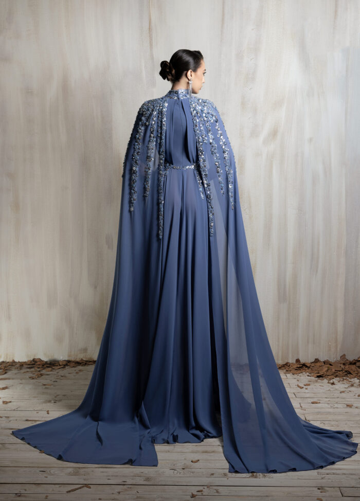 Ziad Nakad Royal Blue Crystal Embellished Cape Gown