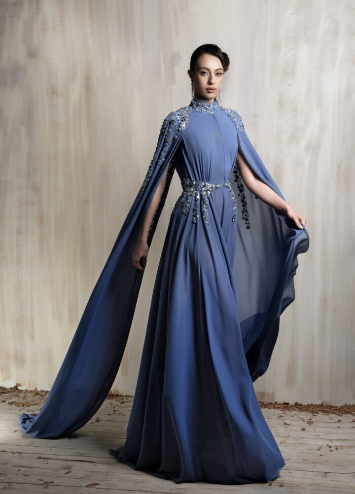 Ziad Nakad Royal Blue Crystal Embellished Cape Gown Ziad Nakad Royal Blue Crystal Embellished Cape Gown