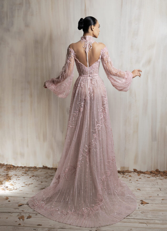 Ziad Nakad Soft Blush Pink Beaded Tulle Gown
