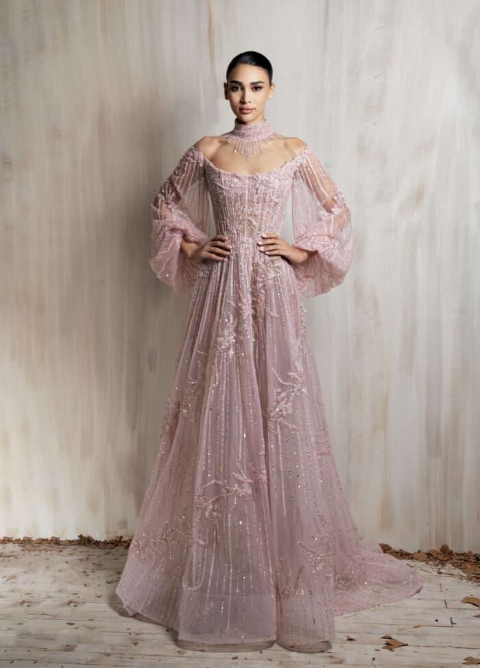 Ziad Nakad Soft Blush Pink Beaded Tulle Gown Ziad Nakad Soft Blush Pink Beaded Tulle Gown