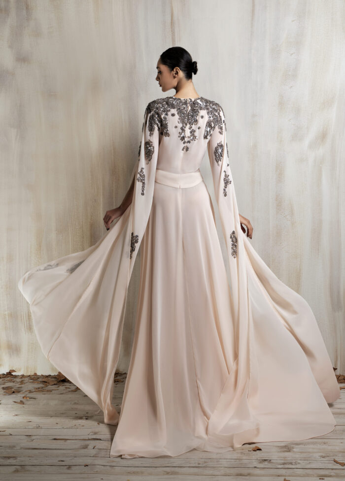 Ziad Nakad Soft Blush Silver Embroidered Cape Gown