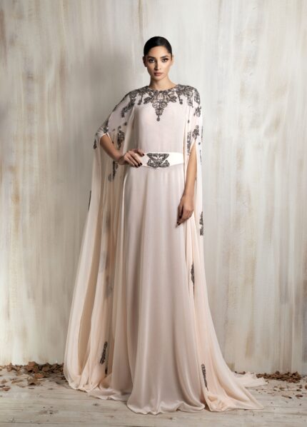 Ziad Nakad Soft Blush Silver Embroidered Cape Gown