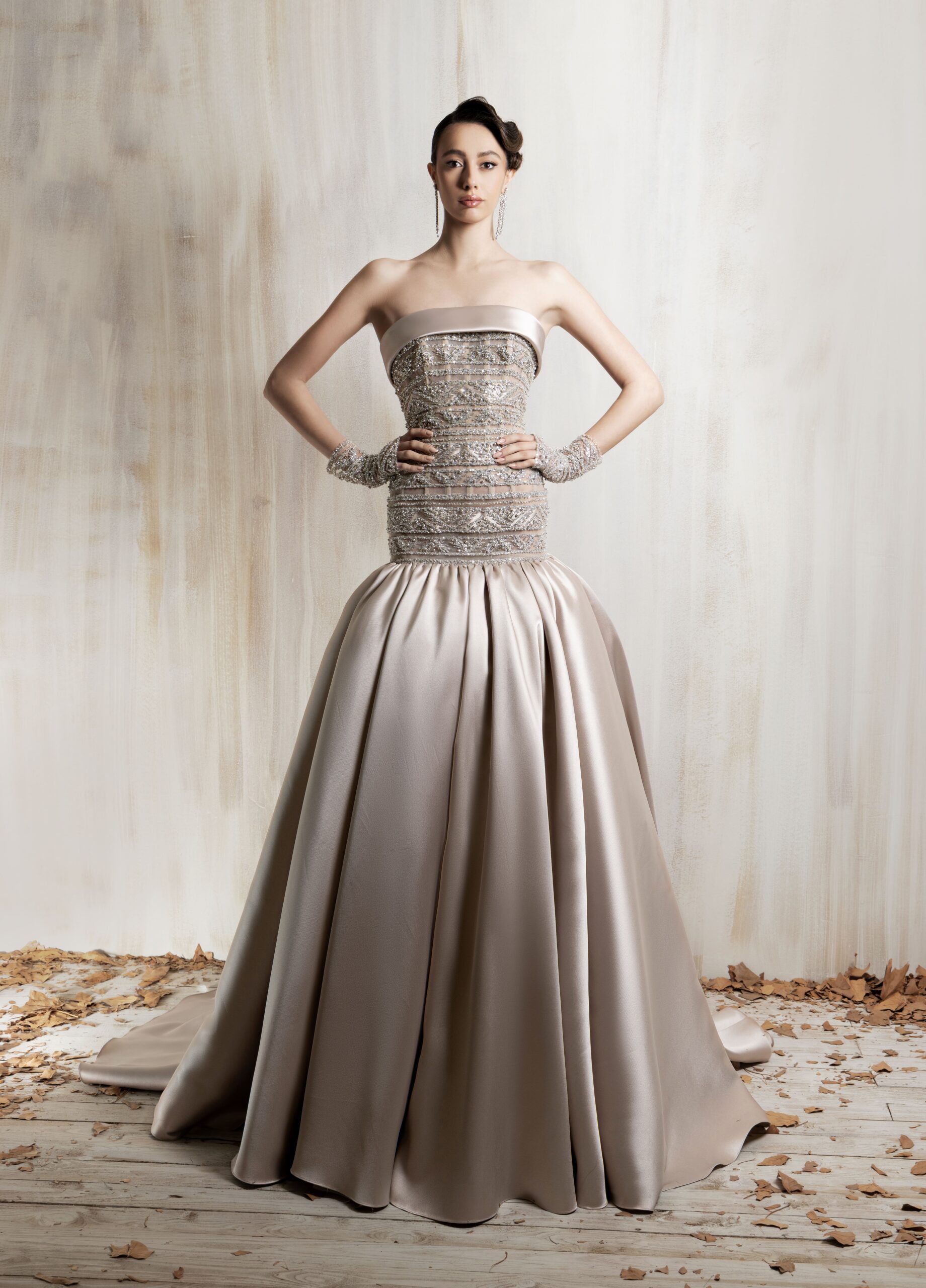 Ziad Nakad Strapless Beige Beaded Bodice Ball Gown