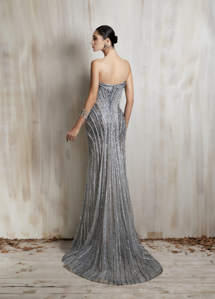 Ziad Nakad Strapless Silver Beaded Gown