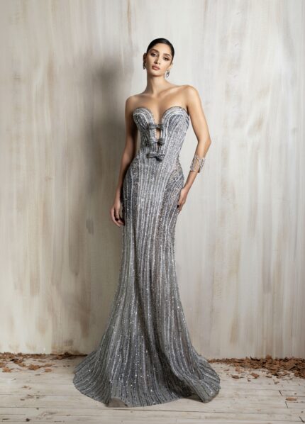 Ziad Nakad Strapless Silver Beaded Gown
