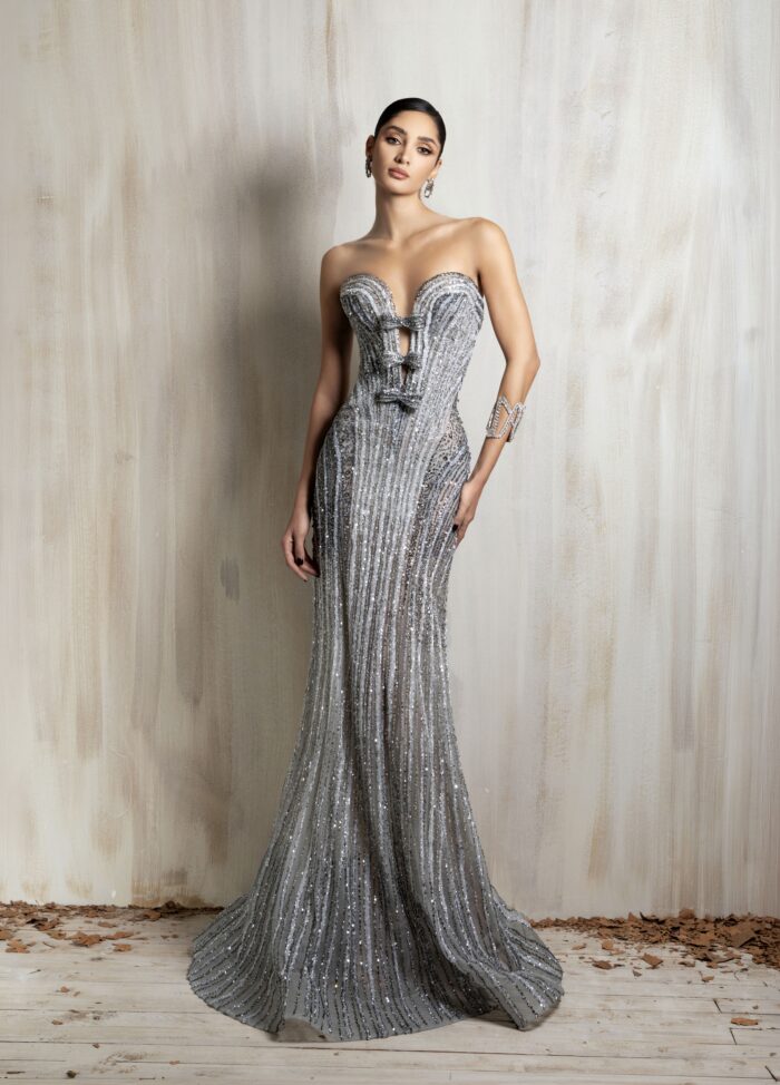 Ziad Nakad Strapless Silver Beaded Gown Ziad Nakad Strapless Silver Beaded Gown