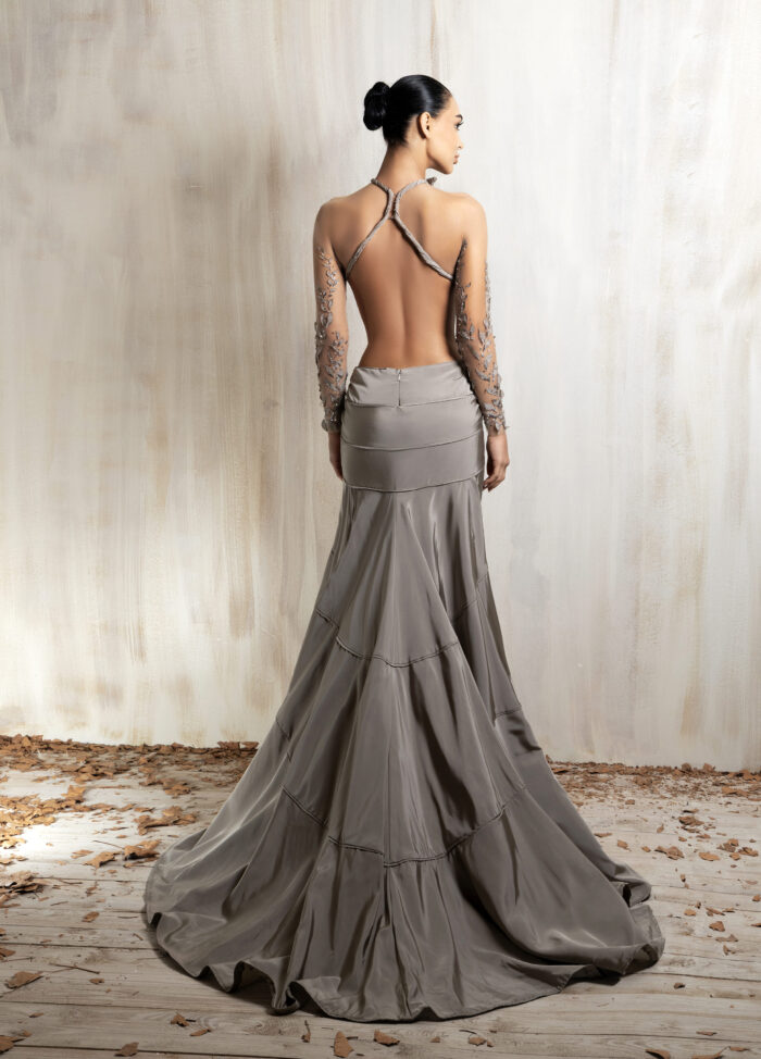 Ziad Nakad Taupe Draped Gown