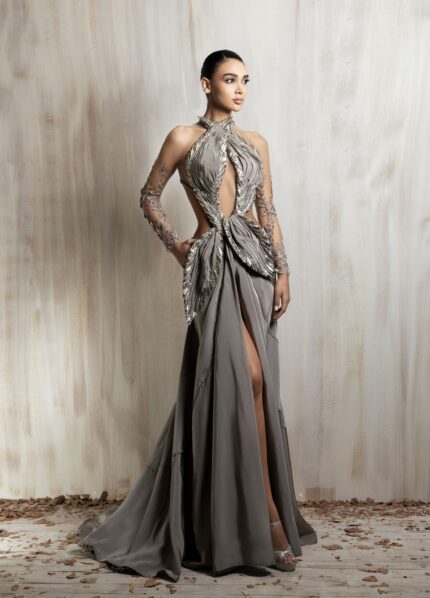 Ziad Nakad Taupe Draped Gown