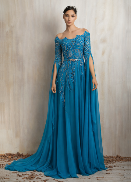Ziad Nakad Turquoise Embellished Gown