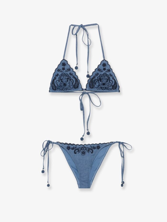 zimmermann aster denim bikini with all over embroidery ZIMMERMANN Aster Denim Bikini With All-over Embroidery
