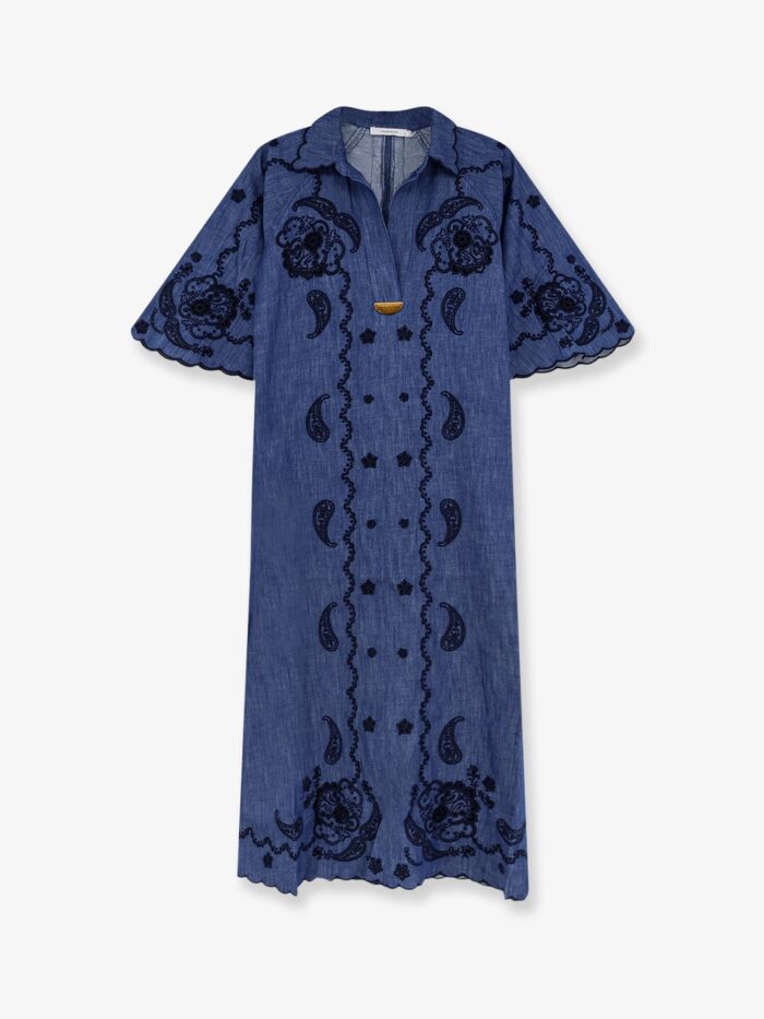 zimmermann aster long denim dress with contrasting embroidery ZIMMERMANN Aster Long Denim Dress With Contrasting Embroidery