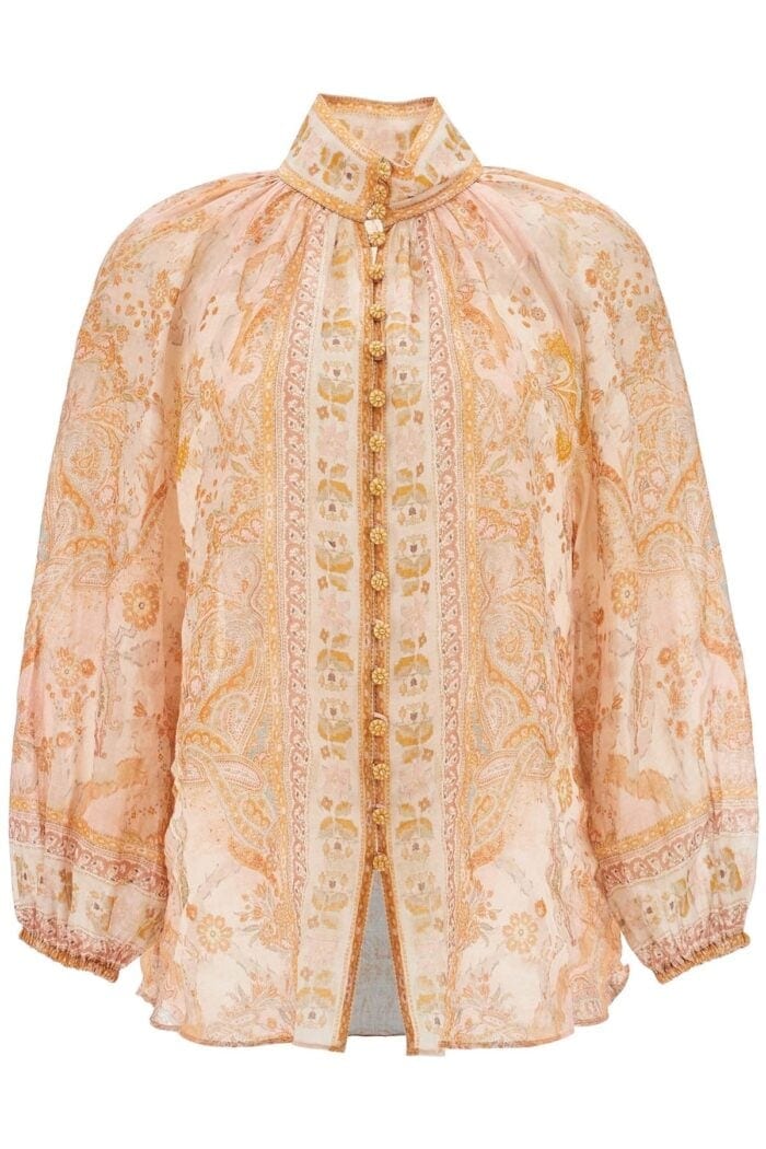 ZIMMERMANN Cream And Pink High Neck Paisley Blouse In Rayon With Long Sleeves