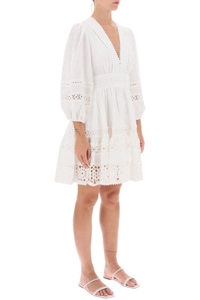 Zimmermann 'devi Spliced' Mini Dress With Crochet Inserts