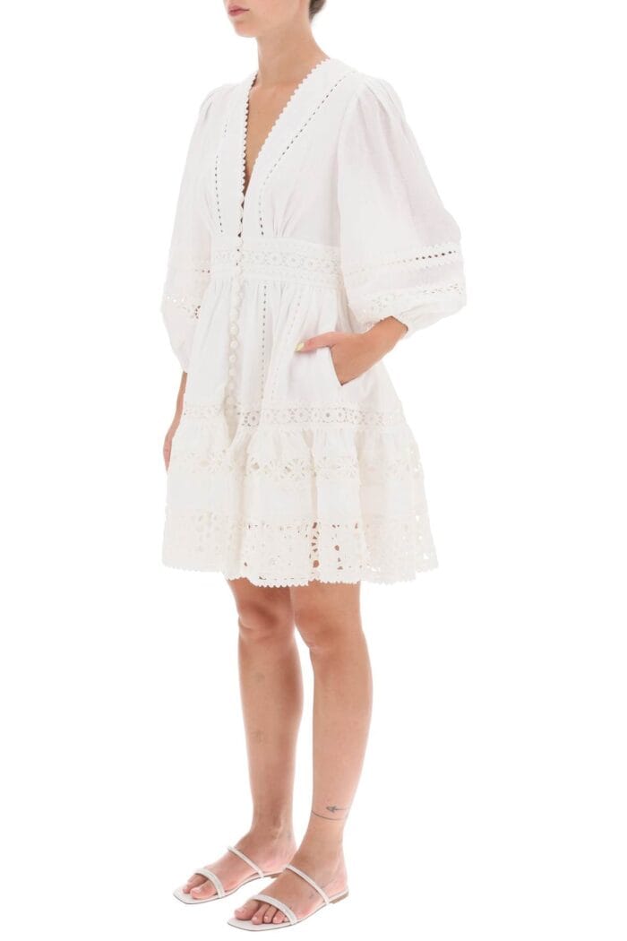 Zimmermann 'devi Spliced' Mini Dress With Crochet Inserts