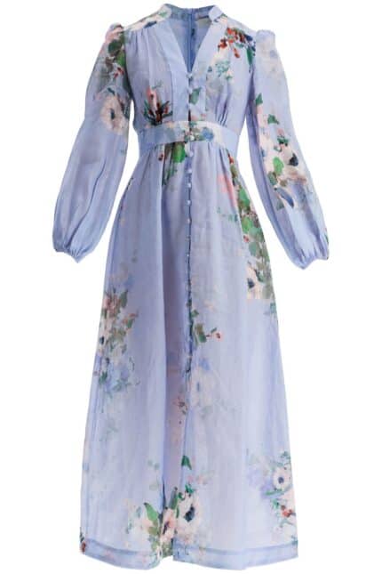 ZIMMERMANN Light Blue Watercolor Floral Midi Dress With Deep V Neckline