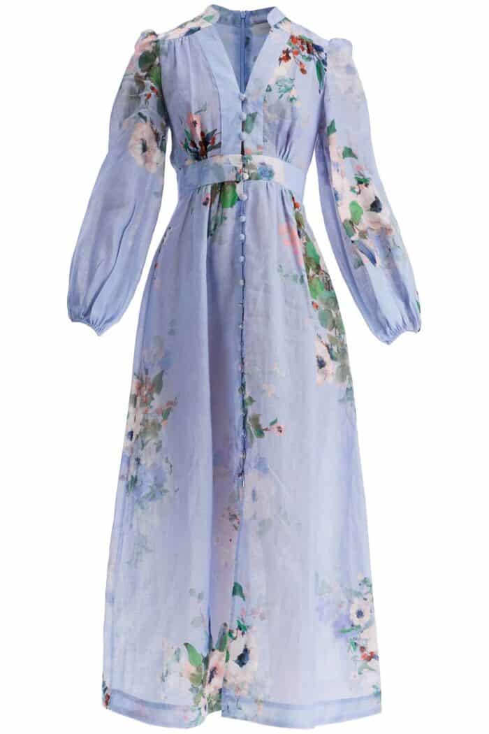 ZIMMERMANN Light Blue Watercolor Floral Midi Dress With Deep V Neckline