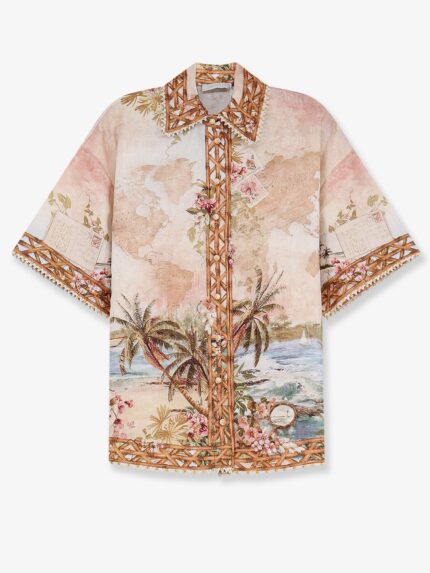 ZIMMERMANN Mahon Linen Shirt With Blue Island Map Print