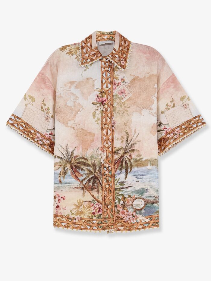 ZIMMERMANN Mahon Linen Shirt With Blue Island Map Print
