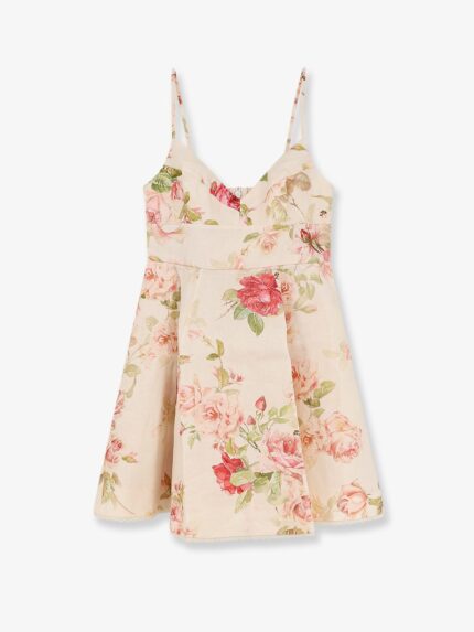 ZIMMERMANN Roselight Short Linen Dress With Floral Print