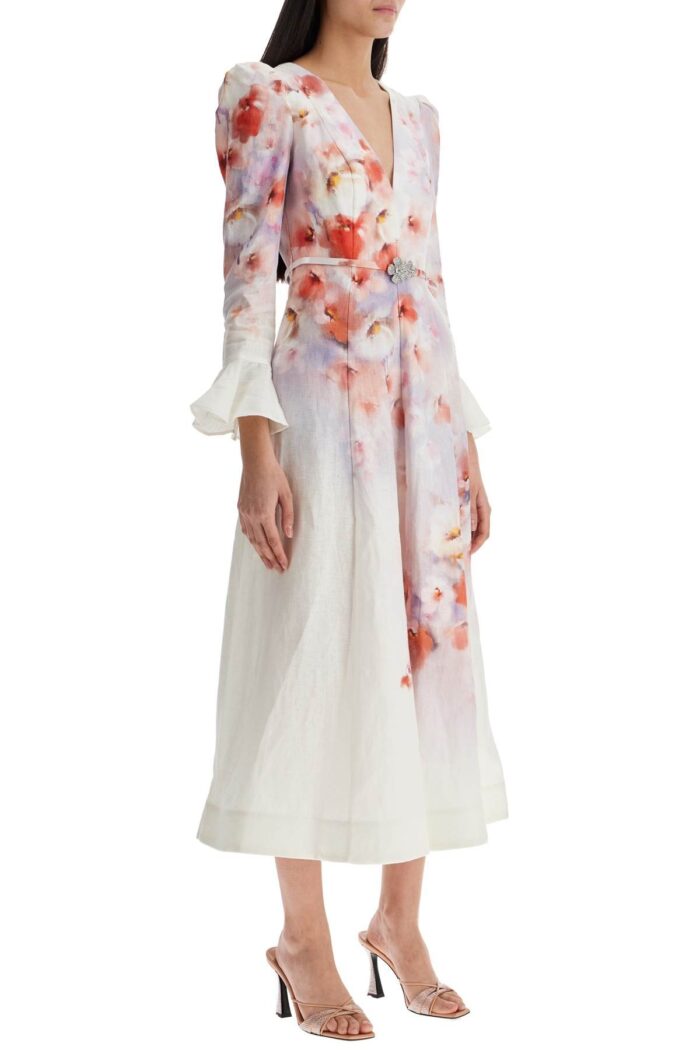 ZIMMERMANN White Floral Linen Midi Dress Ciara