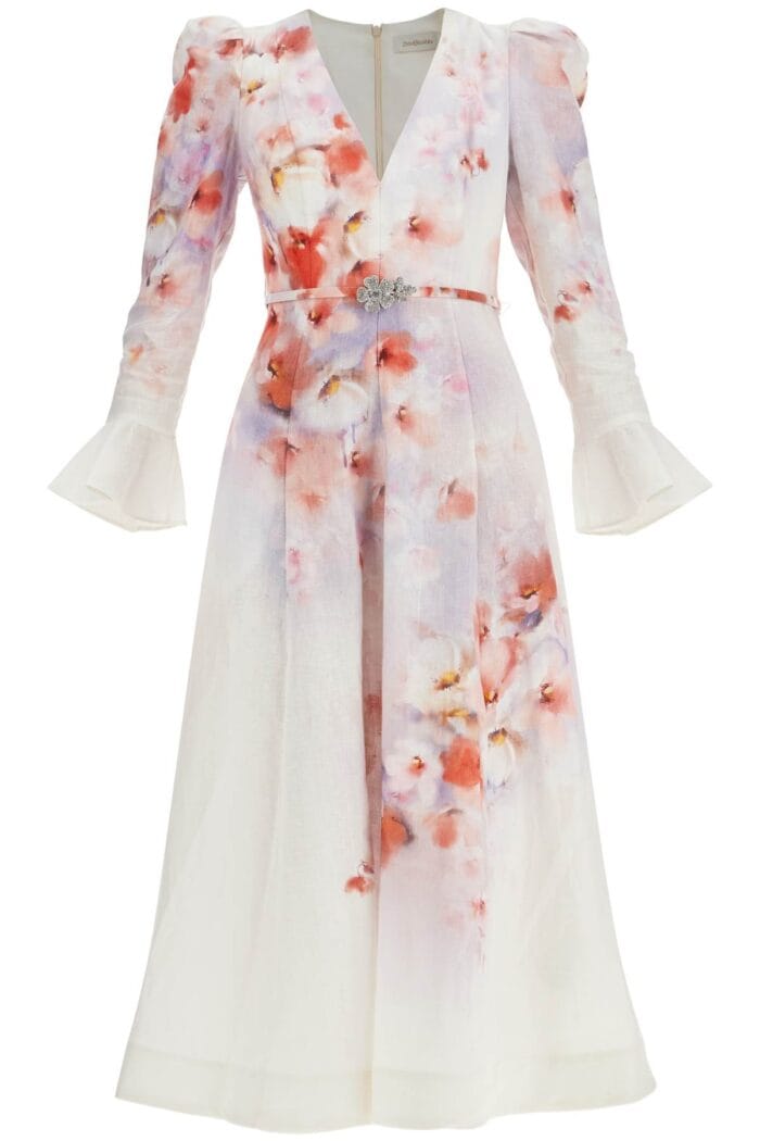 ZIMMERMANN White Floral Linen Midi Dress Ciara